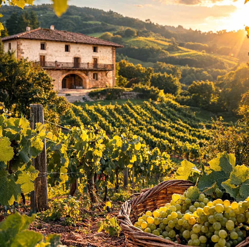 Viñedos de Txakoli Uriarte en Bizkaia durante la vendimia